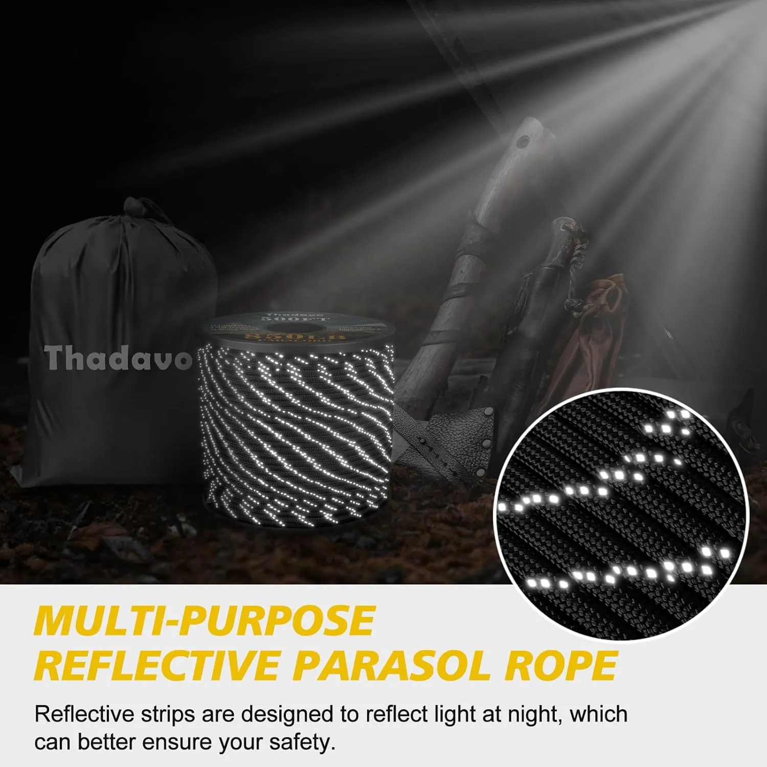 Reflective Paracord Rope 850Ib, 50/100/200/500/1000ft 4MM 11 Strand para Cords Lanyard Utility Parachute Cord for Tent Camping Hiking Tactical Clothesline Survival DIY Projects, Black 500FT