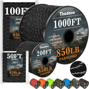 Reflective Paracord Rope 850Ib, 50/100/200/500/1000ft 4MM 11 Strand para Cords Lanyard Utility Parachute Cord for Tent Camping Hiking Tactical Clothesline Survival DIY Projects, Black 500FT