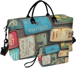 Retro License Plates Duffel Bag for Traveling, Travel Bag Gym Bag, with Multiple Interior Pockets Shoulder Weekender Bag for Women Men with Toiletry Bag 20.5L x 1.9W x 13.8H