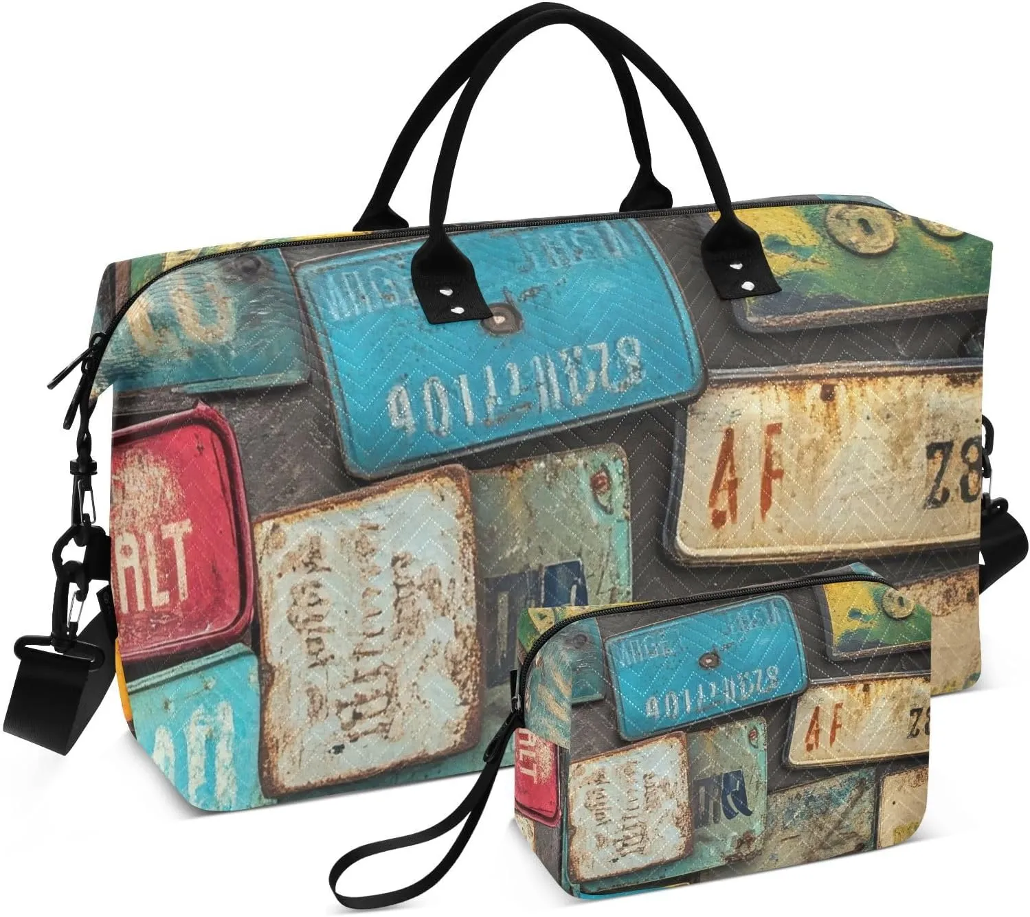 Retro License Plates Duffel Bag for Traveling, Travel Bag Gym Bag, with Multiple Interior Pockets Shoulder Weekender Bag for Women Men with Toiletry Bag 20.5L x 1.9W x 13.8H