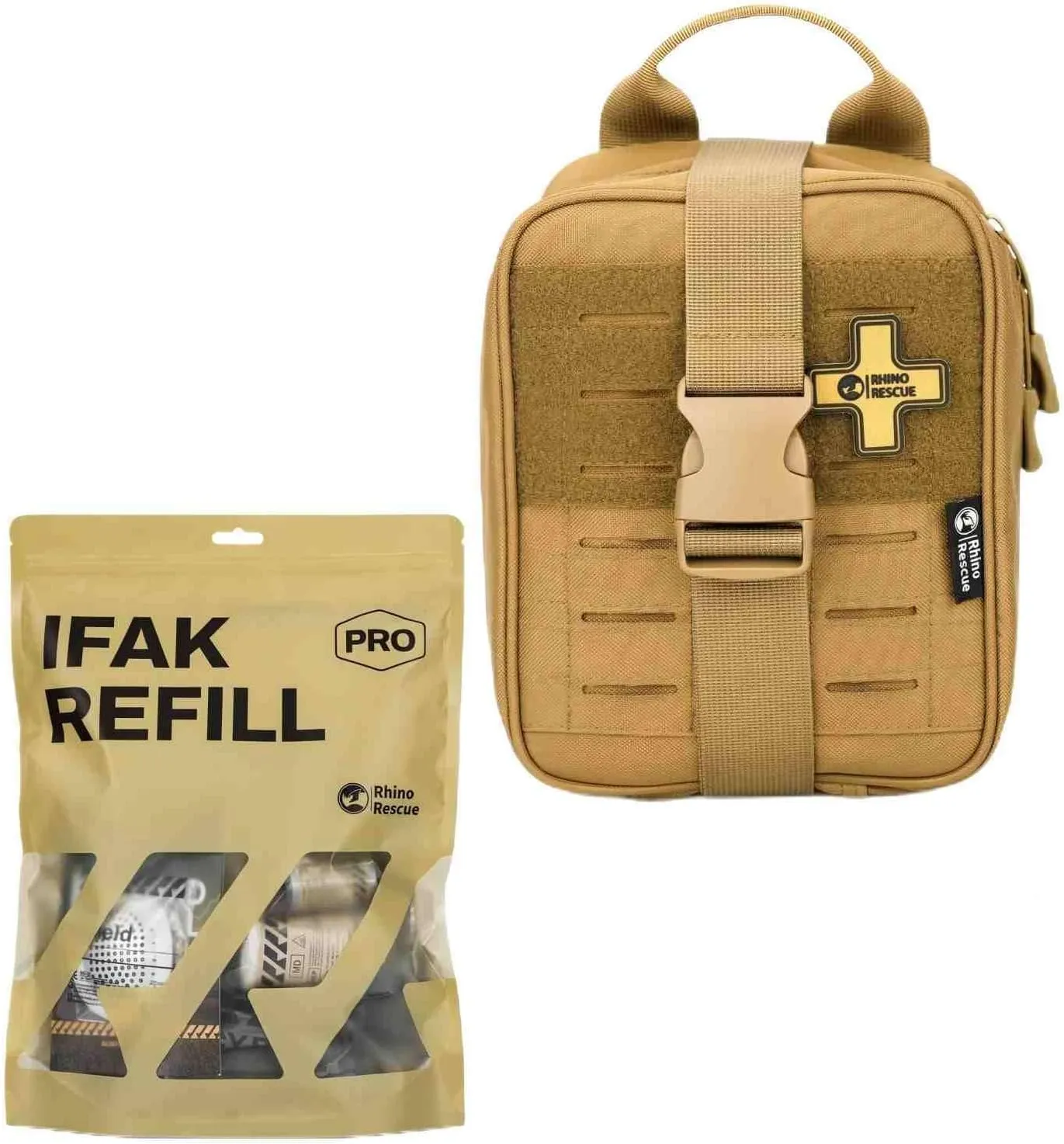 RHINO RESCUE bundle-17PCS Trauma Refill Kit Emergency Medical Supplies Combat IFAK Pack for Wound Care IFAK Trauma Kit with C-A-T Tourniquet, Tactical First Aid Kit Molle Pouch for Military