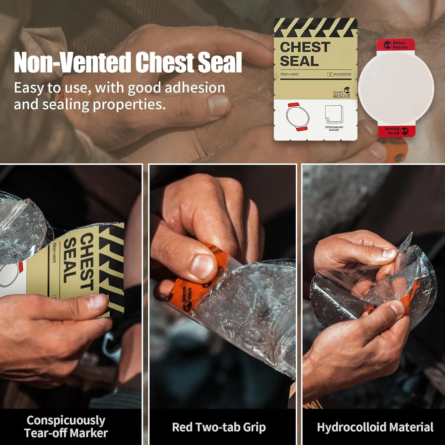 RHINO RESCUE Chest Seal Non-Vented, Sterile Emergency Trauma Dressing, IFAK Medical Supplies for Wound Care,Gunshot Wound, Sucking Chest, FSA/HSA Eligible (20 Count)