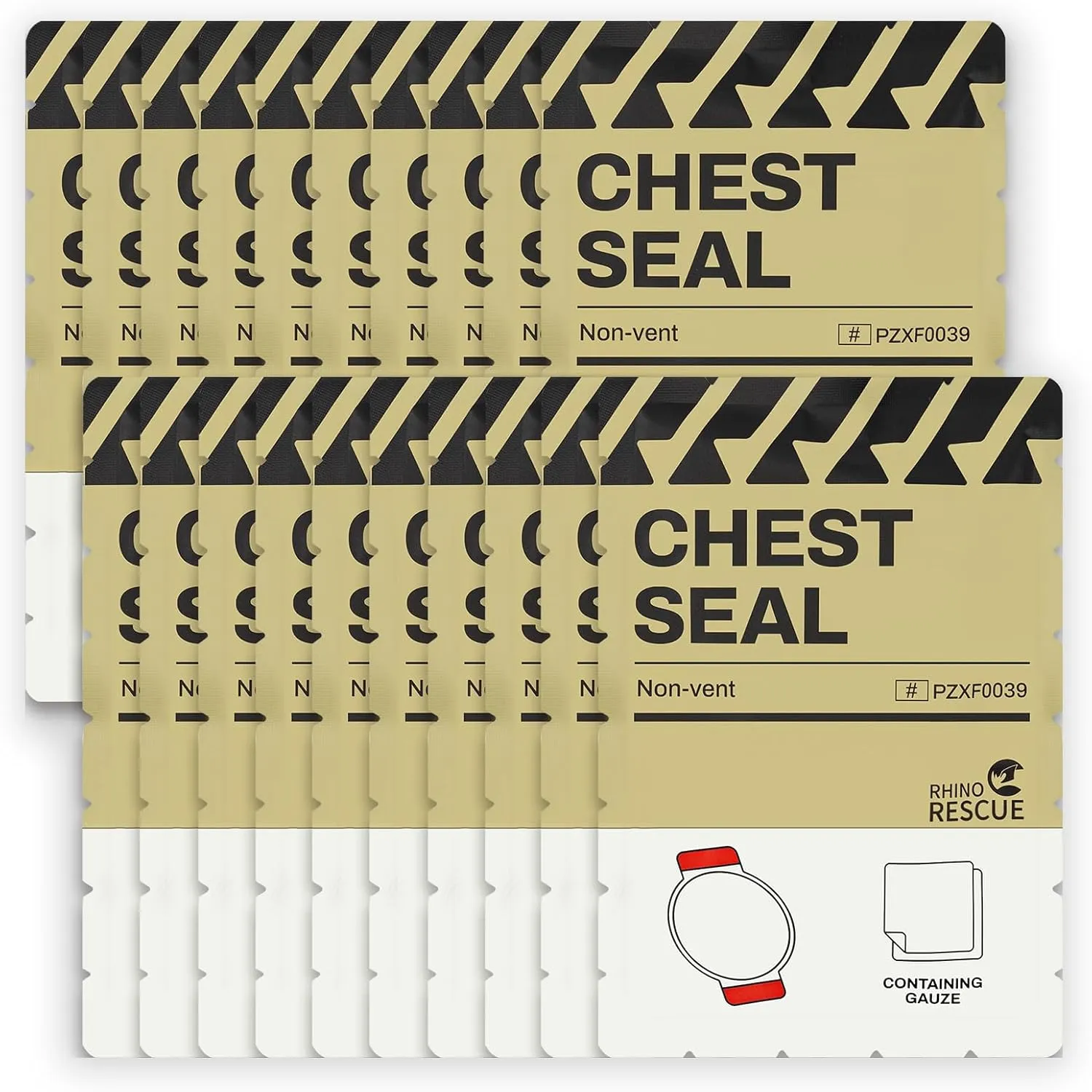 RHINO RESCUE Chest Seal Non-Vented, Sterile Emergency Trauma Dressing, IFAK Medical Supplies for Wound Care,Gunshot Wound, Sucking Chest, FSA/HSA Eligible (20 Count)