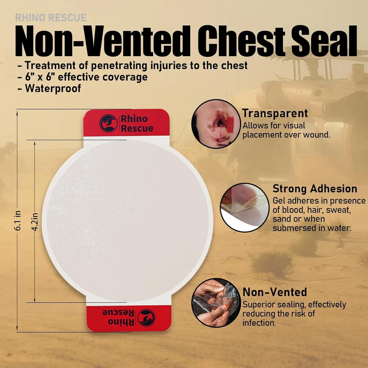 RHINO RESCUE Chest Seal Non-Vented, Sterile Emergency Trauma Dressing, IFAK Medical Supplies for Wound Care,Gunshot Wound, Sucking Chest, FSA/HSA Eligible (20 Count)