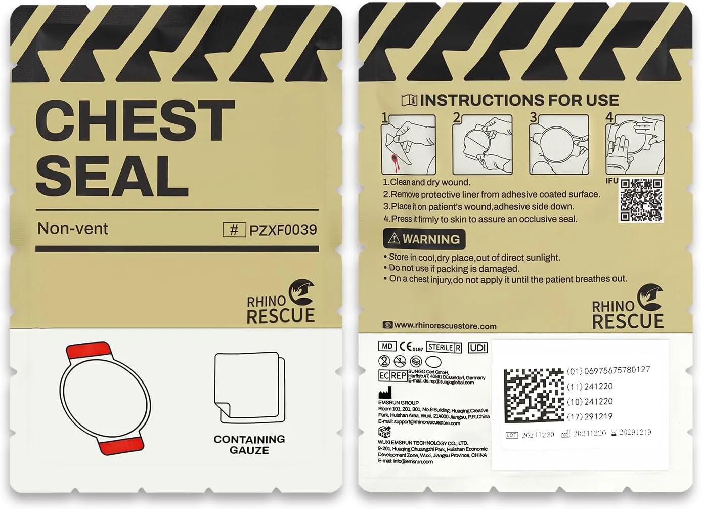 RHINO RESCUE Chest Seal Non-Vented, Sterile Emergency Trauma Dressing, IFAK Medical Supplies for Wound Care,Gunshot Wound, Sucking Chest, FSA/HSA Eligible (20 Count)