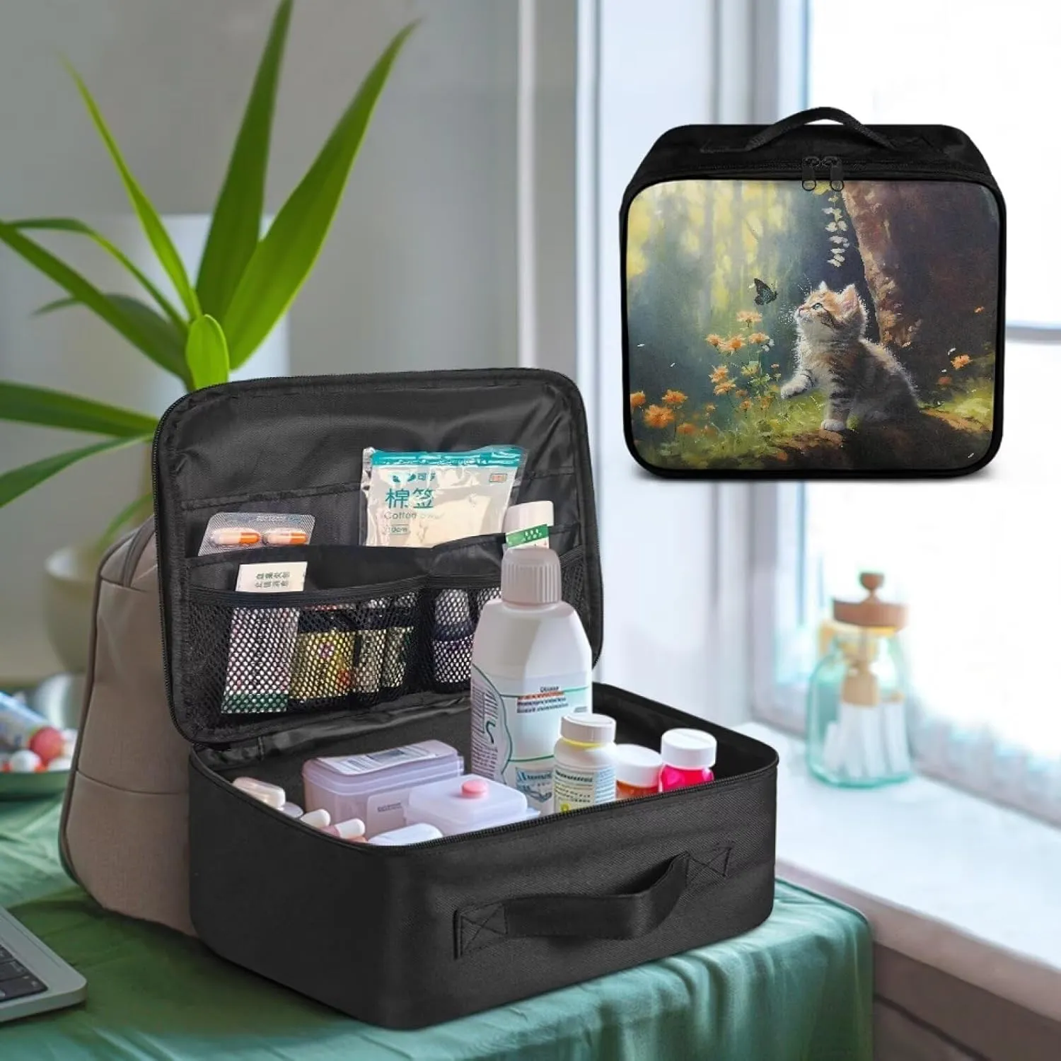 Rnyleeg Cute Cat Empty First Aid Bag Emergency Medical Kit for College Dorm First Aid Kit for Home Portable Travel Medical Supplies Bag