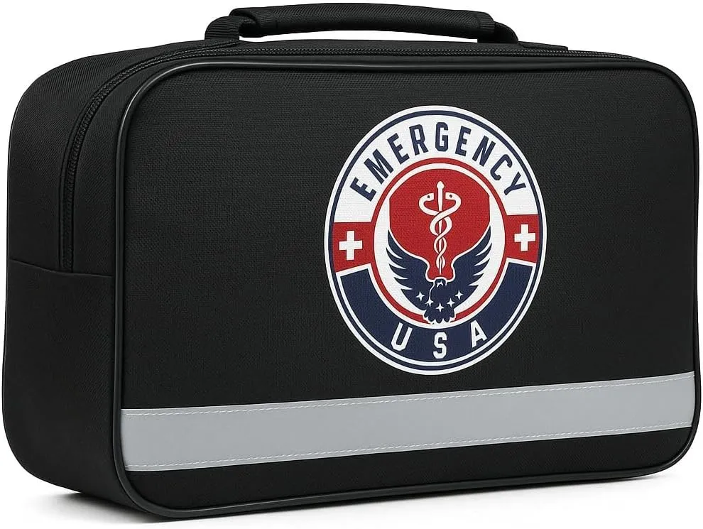 Roadside Car Emergency Kit - First Aid Set, Jumper Cables, Tow Strap, LED Flash Light, Rain Coat, Tire Pressure Gauge, Safety Vest and More (Black)