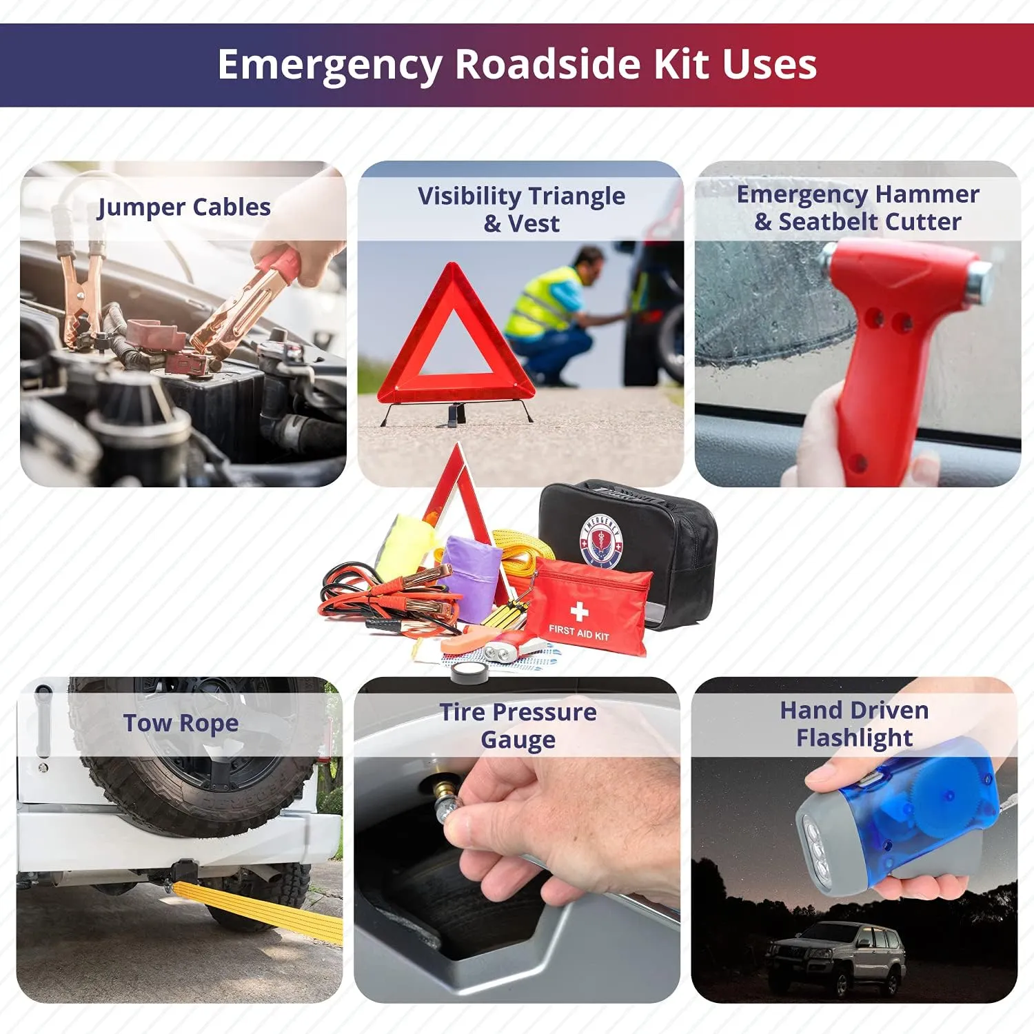 Roadside Car Emergency Kit - First Aid Set, Jumper Cables, Tow Strap, LED Flash Light, Rain Coat, Tire Pressure Gauge, Safety Vest and More (Black)