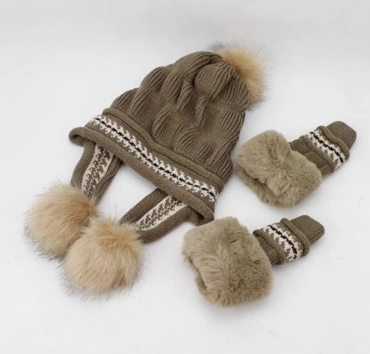 Roll Up Women's Girls Cute Winter Cozy Earflap Knitted Pom Pom Ski Cap Hat Beanies with matching Glove Mitten Set