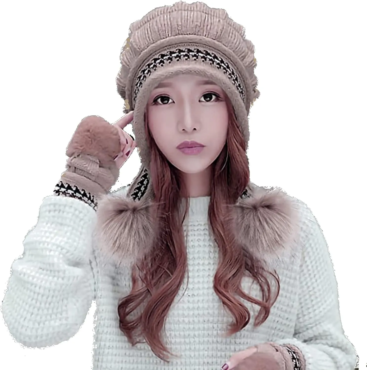 Roll Up Women's Girls Cute Winter Cozy Earflap Knitted Pom Pom Ski Cap Hat Beanies with matching Glove Mitten Set