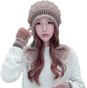 Roll Up Women's Girls Cute Winter Cozy Earflap Knitted Pom Pom Ski Cap Hat Beanies with matching Glove Mitten Set