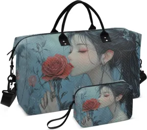 Rose Woman Chinese Duffel Bag for Traveling, Travel Bag Gym Bag, with Multiple Interior Pockets Shoulder Weekender Bag for Women Men with Toiletry Bag 20.5L x 1.9W x 13.8H