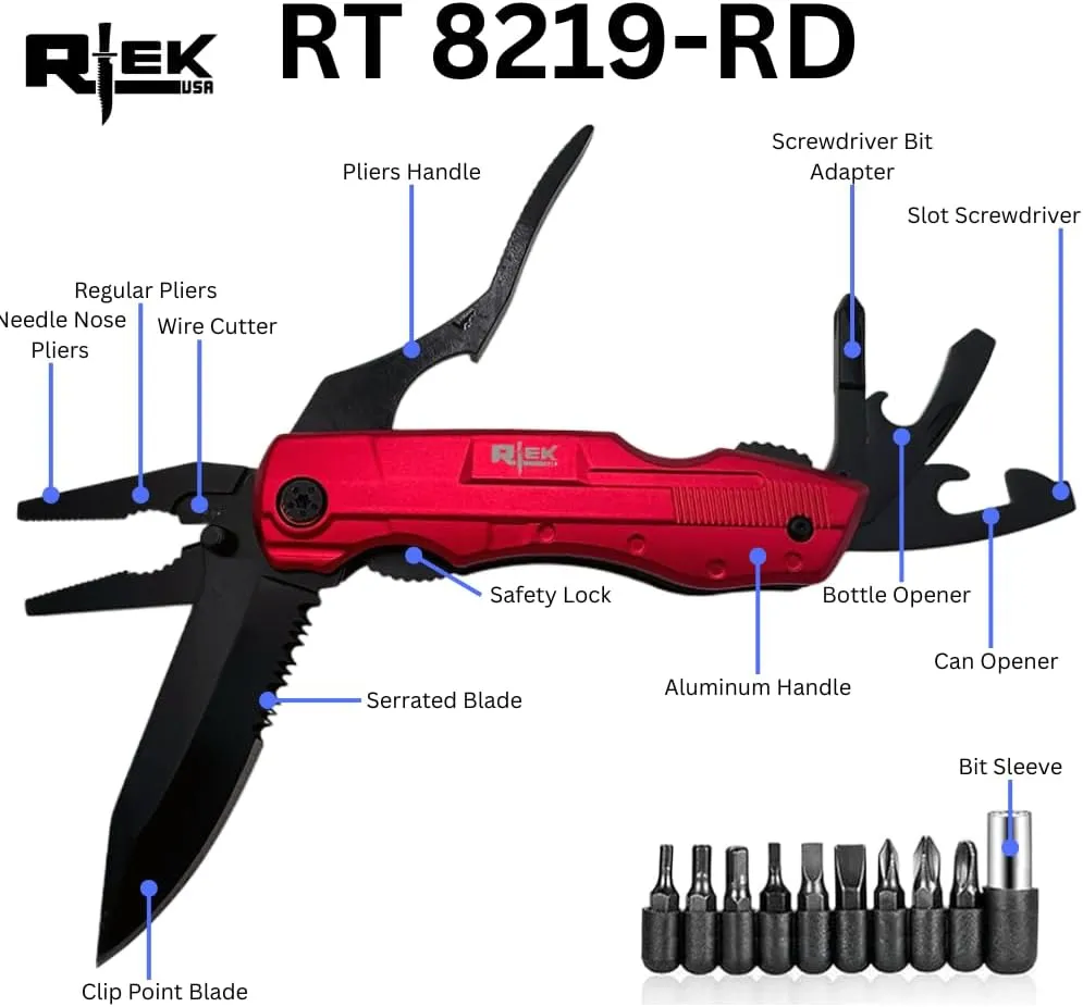 Rtek 4.5" Multi Tool Pocket Knife with Pliers Bottle Opener Screwdrivers & Sheath for Outdoor, Survival, EDC, Camping, and Every Day Carry, Gifts for Men (Red)