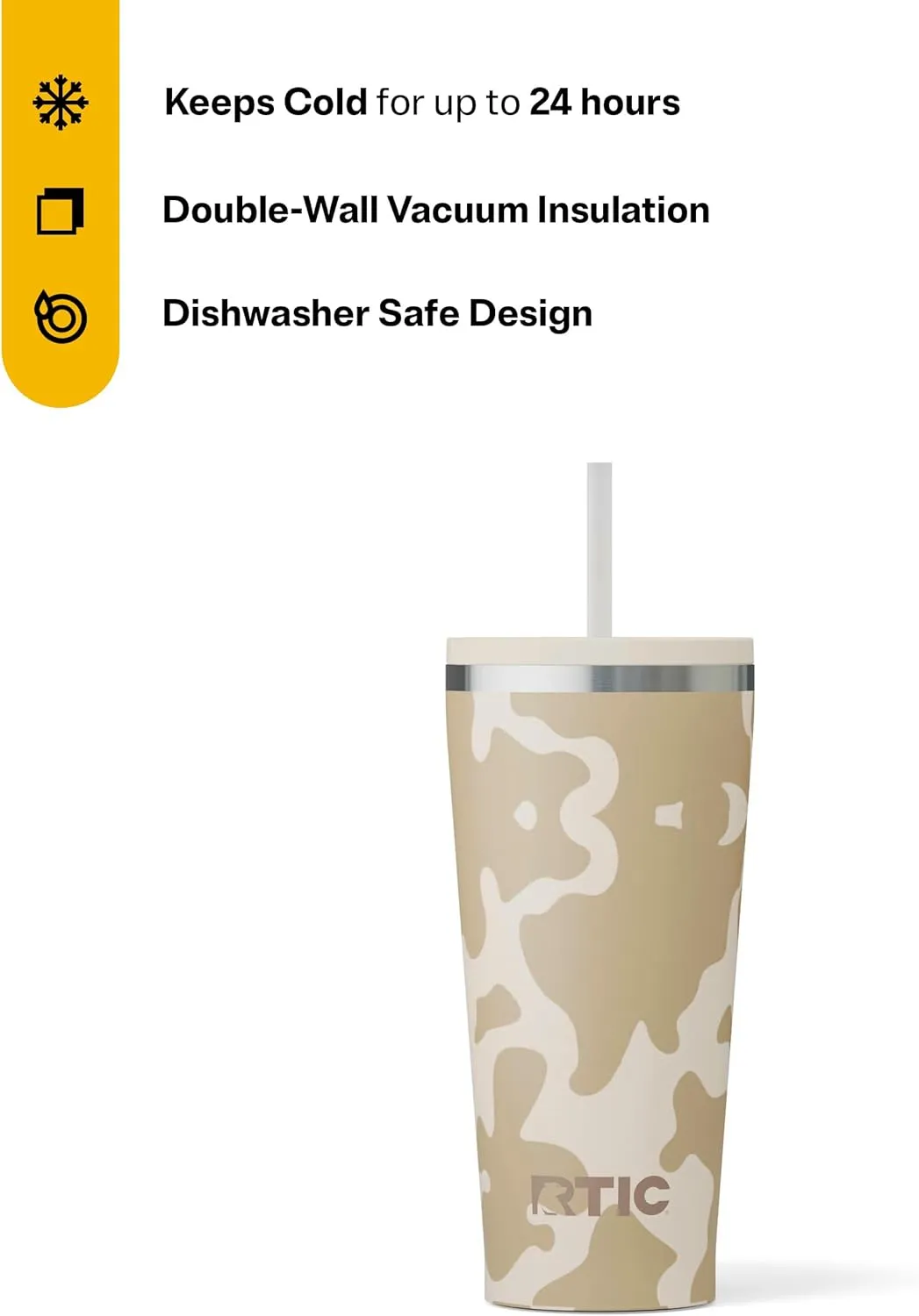 RTIC 20oz Everyday Tumbler Insulated Stainless Steel Portable Travel Coffee Cup with Straw, Spill-Resistant Lid, BPA-Free, Hot and Cold Drink, Brown Cow Hide