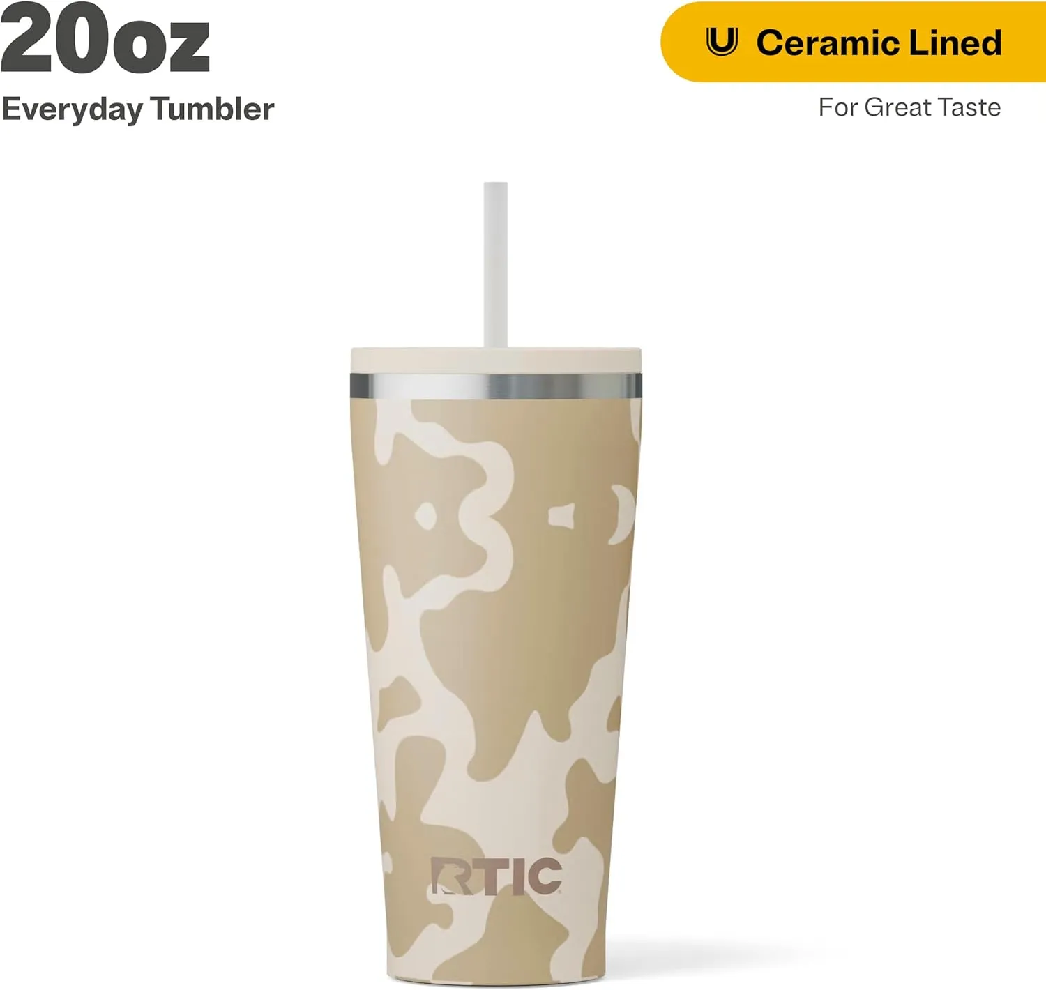 RTIC 20oz Everyday Tumbler Insulated Stainless Steel Portable Travel Coffee Cup with Straw, Spill-Resistant Lid, BPA-Free, Hot and Cold Drink, Brown Cow Hide