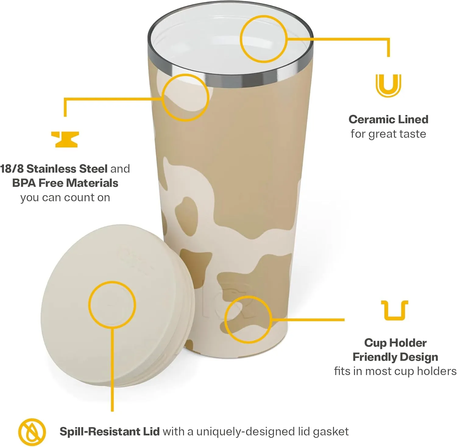 RTIC 20oz Everyday Tumbler Insulated Stainless Steel Portable Travel Coffee Cup with Straw, Spill-Resistant Lid, BPA-Free, Hot and Cold Drink, Brown Cow Hide