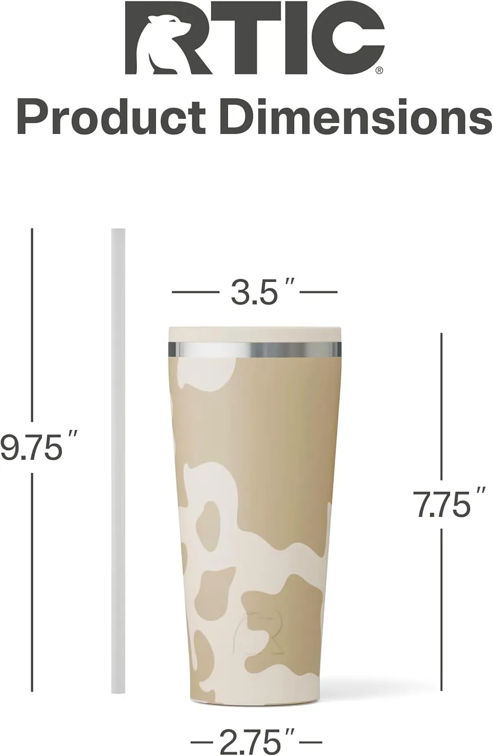 RTIC 20oz Everyday Tumbler Insulated Stainless Steel Portable Travel Coffee Cup with Straw, Spill-Resistant Lid, BPA-Free, Hot and Cold Drink, Brown Cow Hide