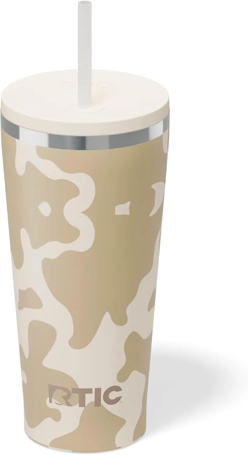 RTIC 20oz Everyday Tumbler Insulated Stainless Steel Portable Travel Coffee Cup with Straw, Spill-Resistant Lid, BPA-Free, Hot and Cold Drink, Brown Cow Hide