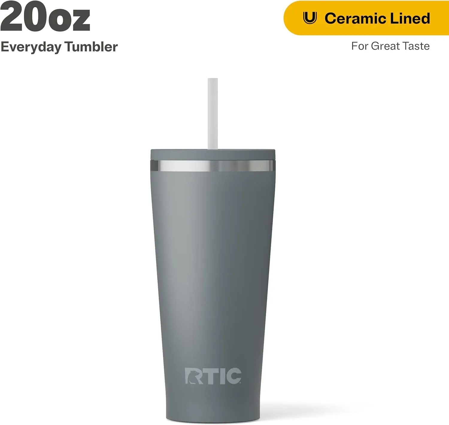 RTIC 20oz Everyday Tumbler Insulated Stainless Steel Portable Travel Coffee Cup with Straw, Spill-Resistant Lid, BPA-Free, Hot and Cold Drink, Ceramic Lining, Fog