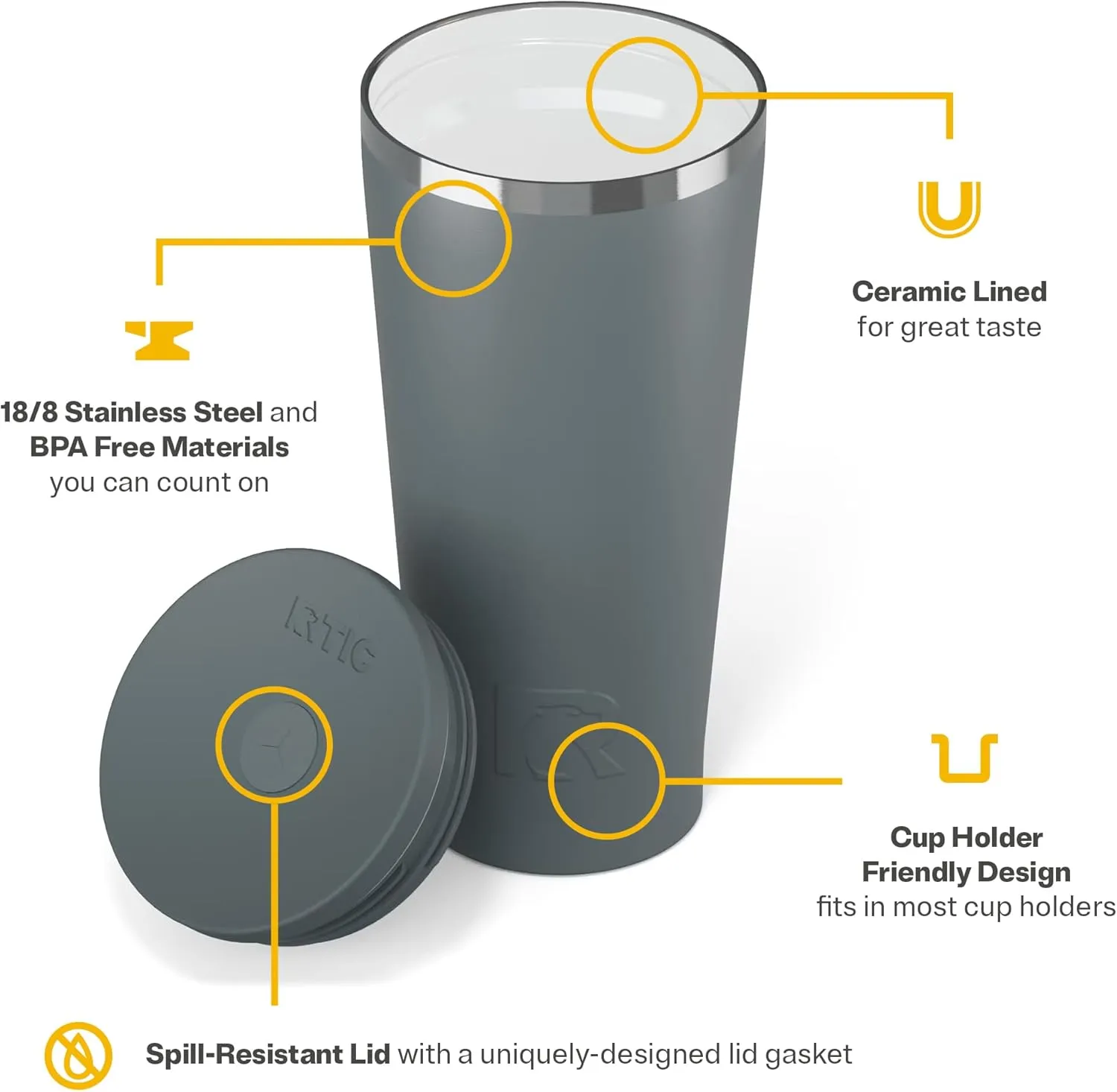 RTIC 20oz Everyday Tumbler Insulated Stainless Steel Portable Travel Coffee Cup with Straw, Spill-Resistant Lid, BPA-Free, Hot and Cold Drink, Ceramic Lining, Fog