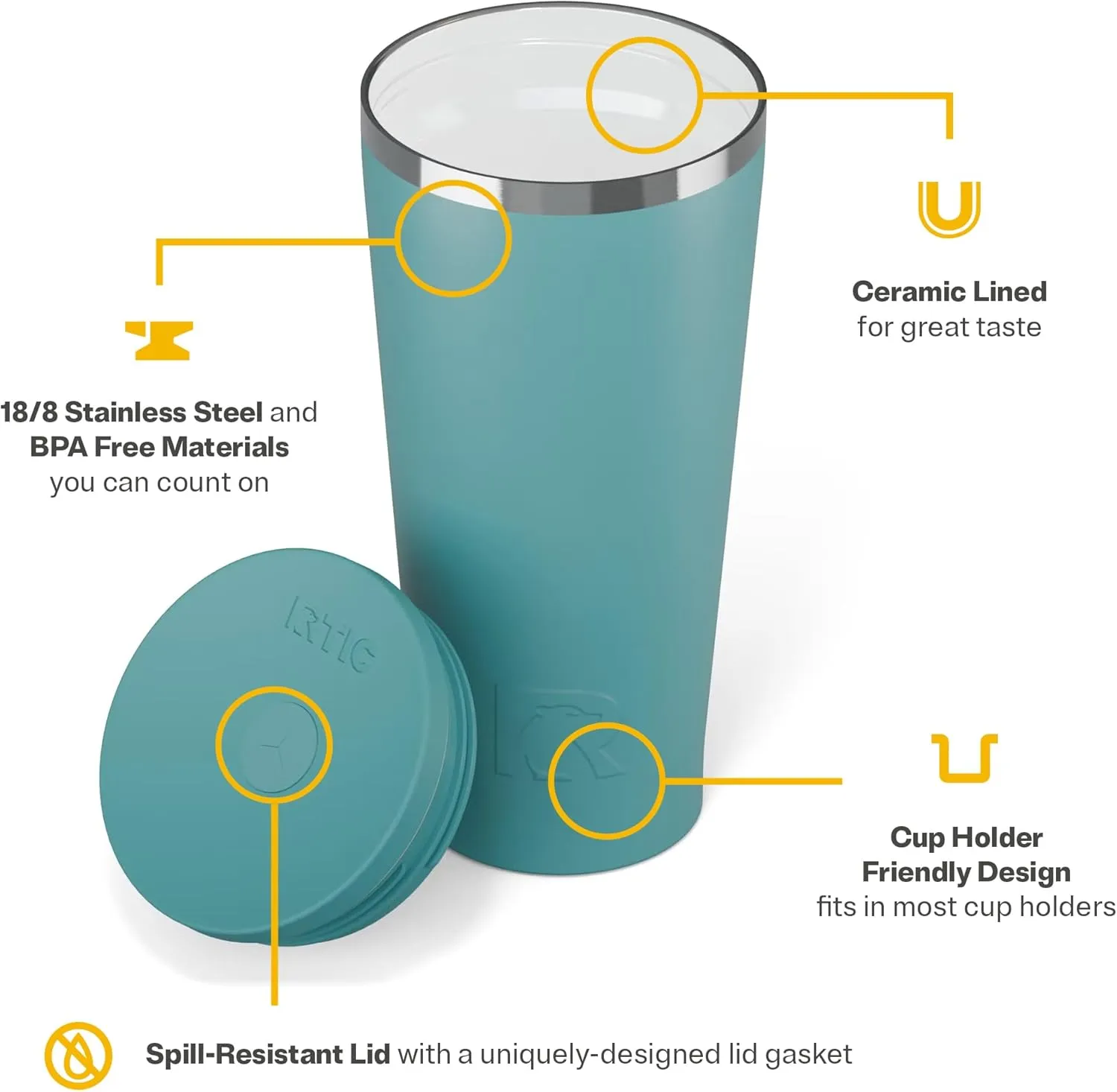 RTIC 20oz Everyday Tumbler Insulated Stainless Steel Portable Travel Coffee Cup with Straw, Spill-Resistant Lid, BPA-Free, Hot and Cold Drink, Ceramic Lining, Lagoon