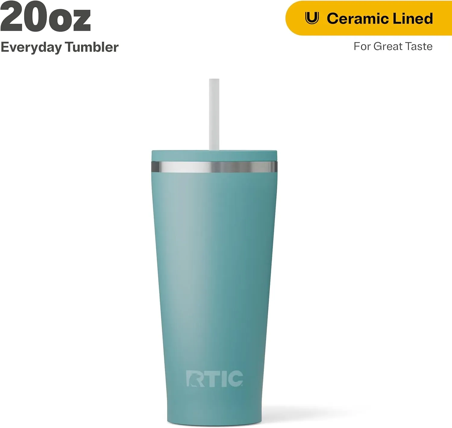 RTIC 20oz Everyday Tumbler Insulated Stainless Steel Portable Travel Coffee Cup with Straw, Spill-Resistant Lid, BPA-Free, Hot and Cold Drink, Ceramic Lining, Lagoon
