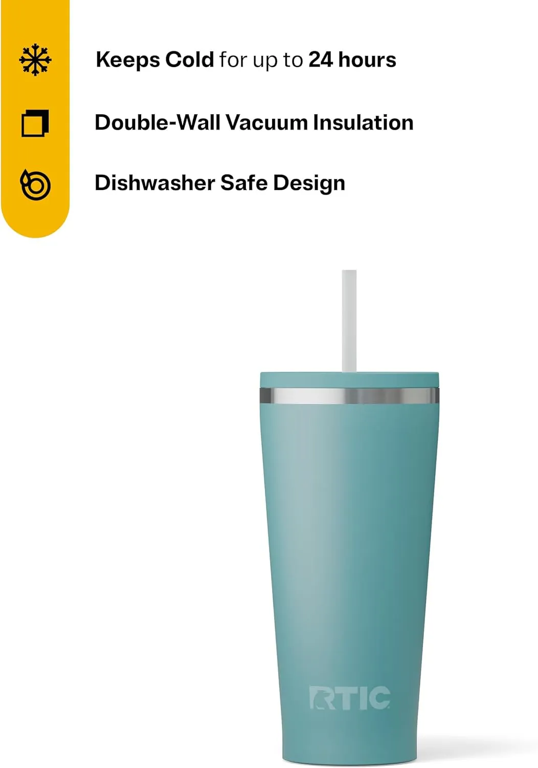 RTIC 20oz Everyday Tumbler Insulated Stainless Steel Portable Travel Coffee Cup with Straw, Spill-Resistant Lid, BPA-Free, Hot and Cold Drink, Ceramic Lining, Lagoon