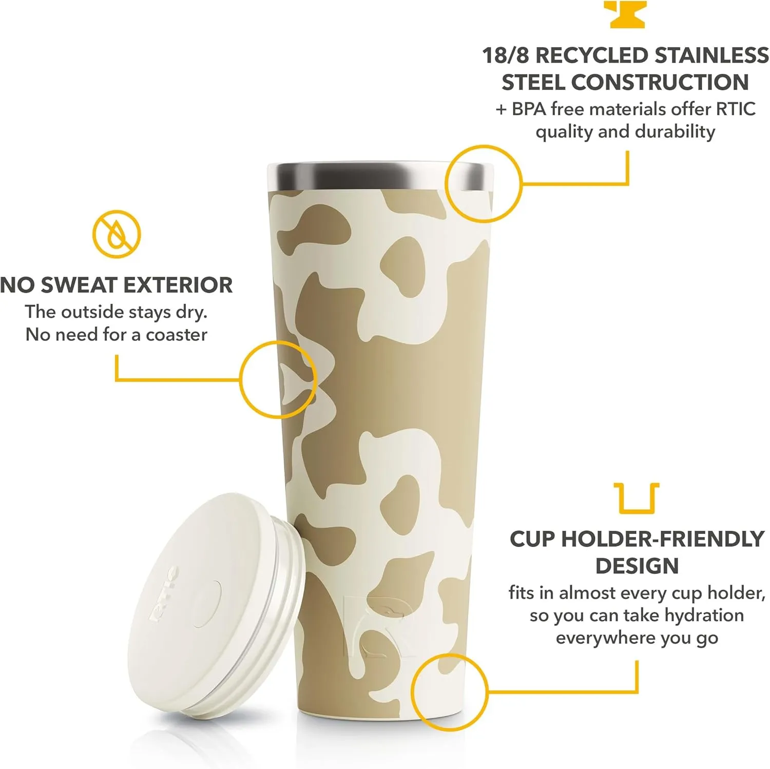 RTIC 28oz Everyday Tumbler Insulated Stainless Steel Portable Travel Coffee Cup with Straw, Spill-Resistant Lid, BPA-Free, Hot and Cold Drink, Ceramic Lining, Brown Cow Hide