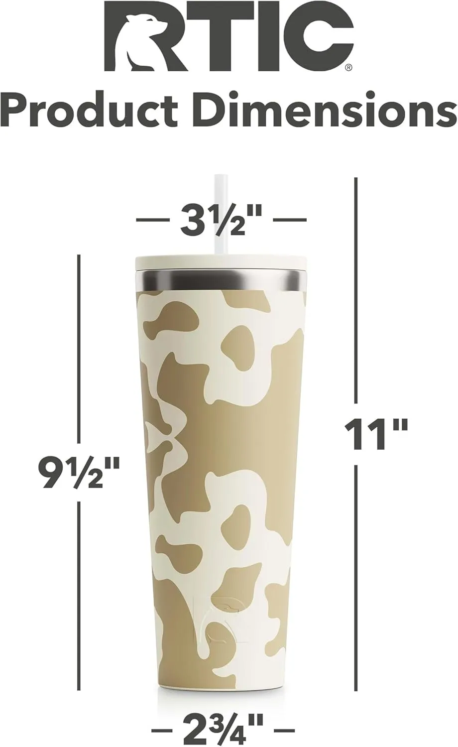 RTIC 28oz Everyday Tumbler Insulated Stainless Steel Portable Travel Coffee Cup with Straw, Spill-Resistant Lid, BPA-Free, Hot and Cold Drink, Ceramic Lining, Brown Cow Hide