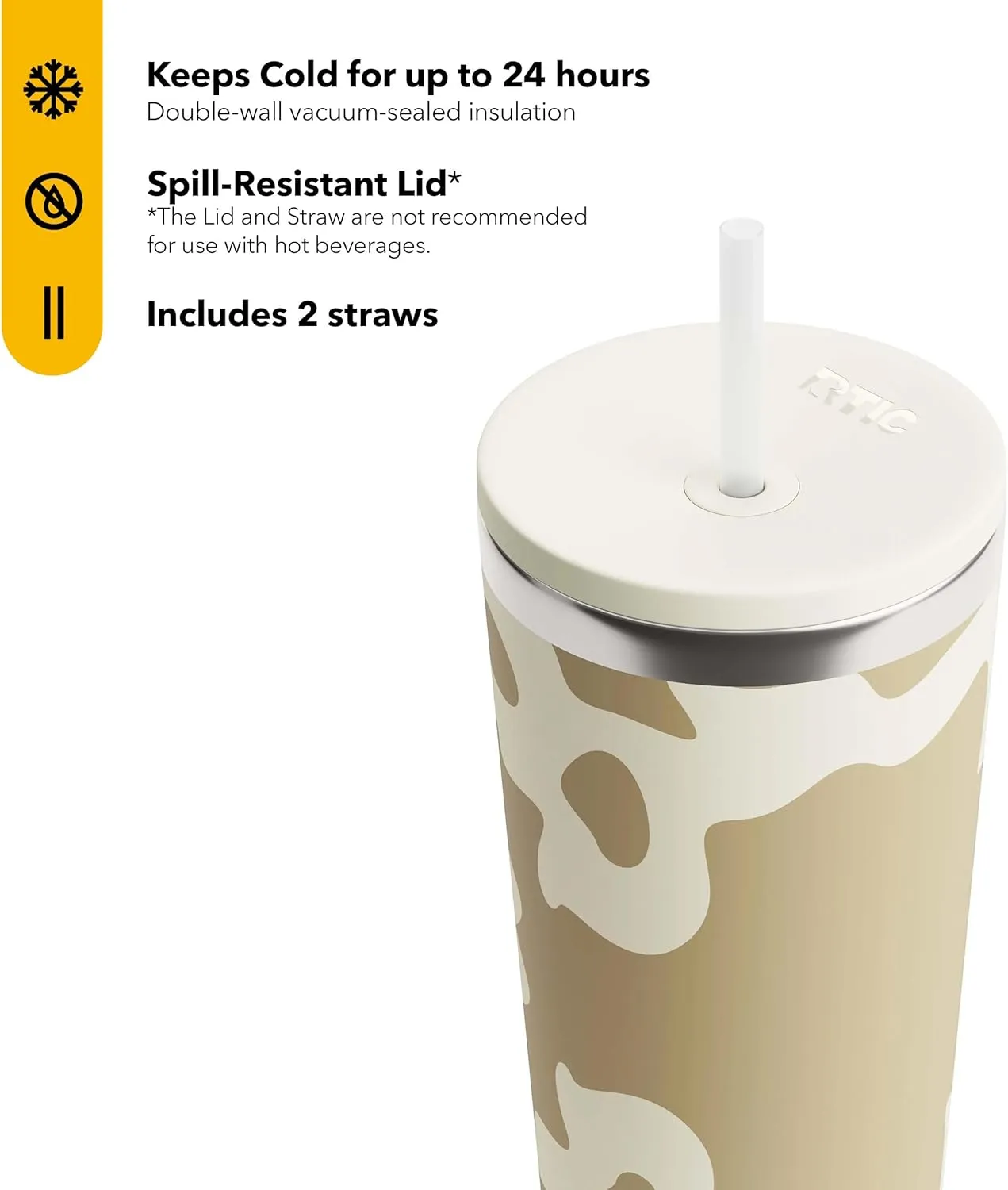 RTIC 28oz Everyday Tumbler Insulated Stainless Steel Portable Travel Coffee Cup with Straw, Spill-Resistant Lid, BPA-Free, Hot and Cold Drink, Ceramic Lining, Brown Cow Hide