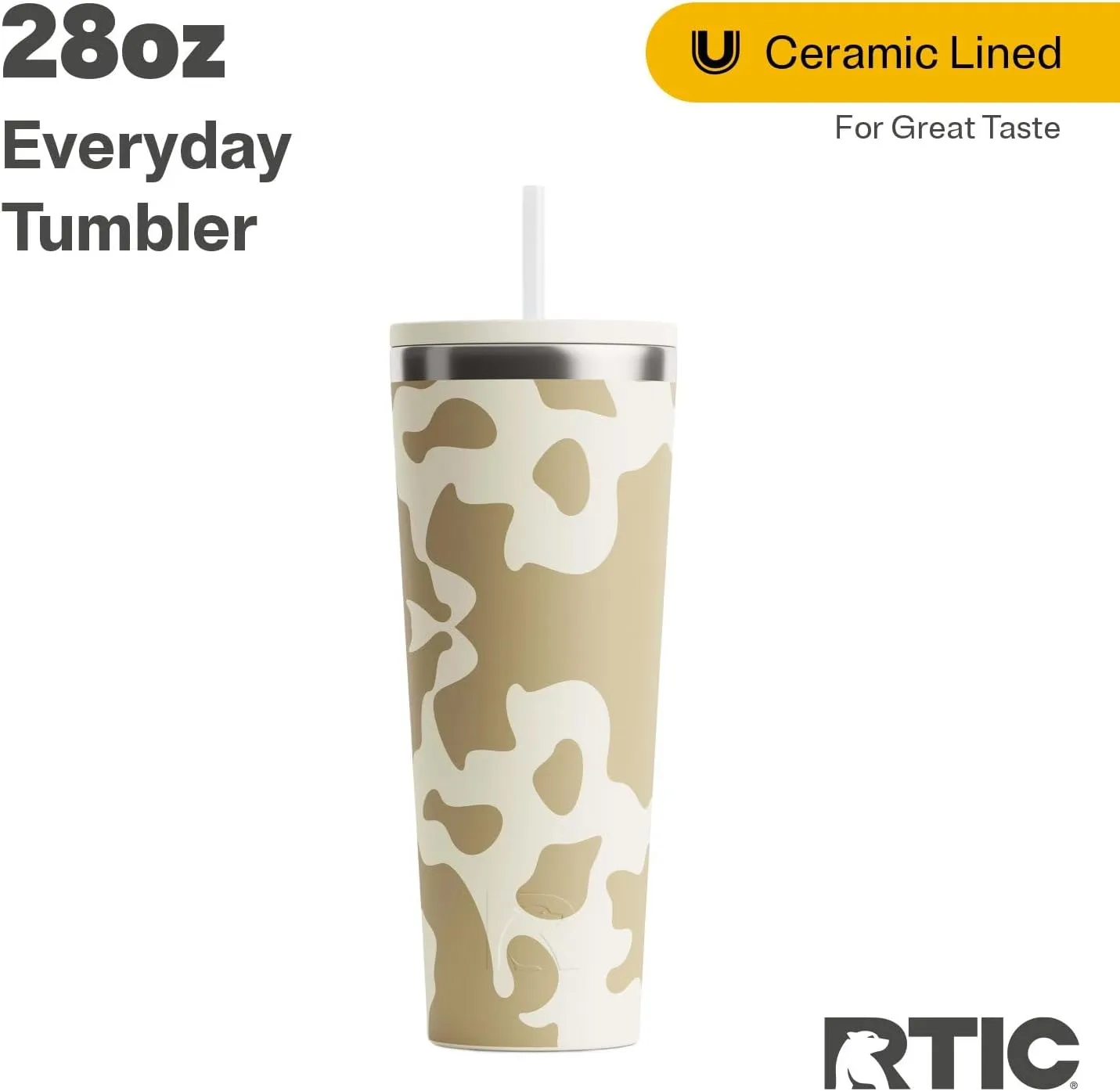 RTIC 28oz Everyday Tumbler Insulated Stainless Steel Portable Travel Coffee Cup with Straw, Spill-Resistant Lid, BPA-Free, Hot and Cold Drink, Ceramic Lining, Brown Cow Hide