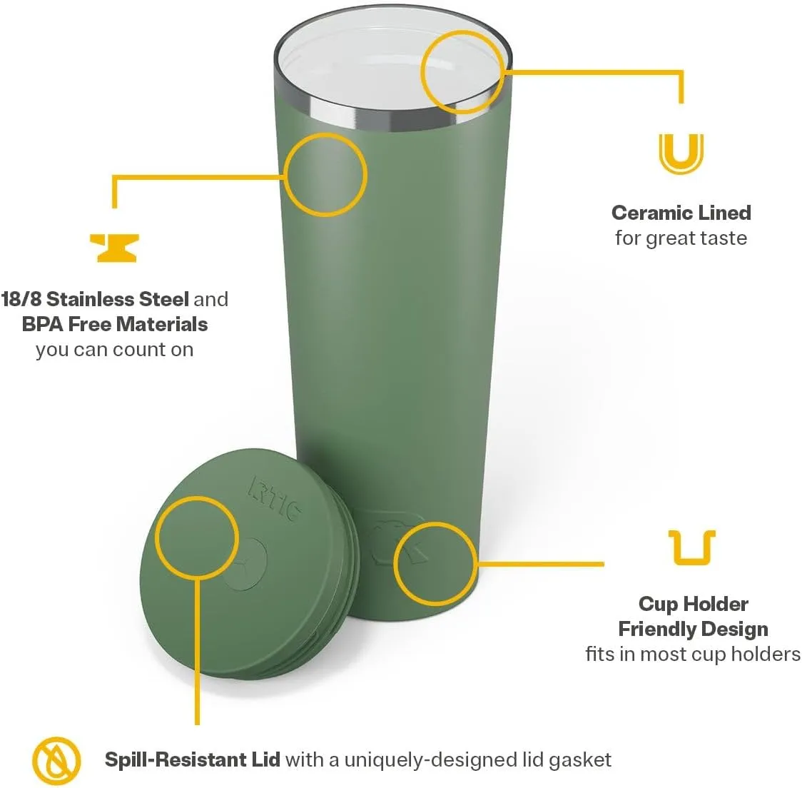 RTIC 28oz Everyday Tumbler Insulated Stainless Steel Portable Travel Coffee Cup with Straw, Spill-Resistant Lid, BPA-Free, Hot and Cold Drink, Ceramic Lining, Sage