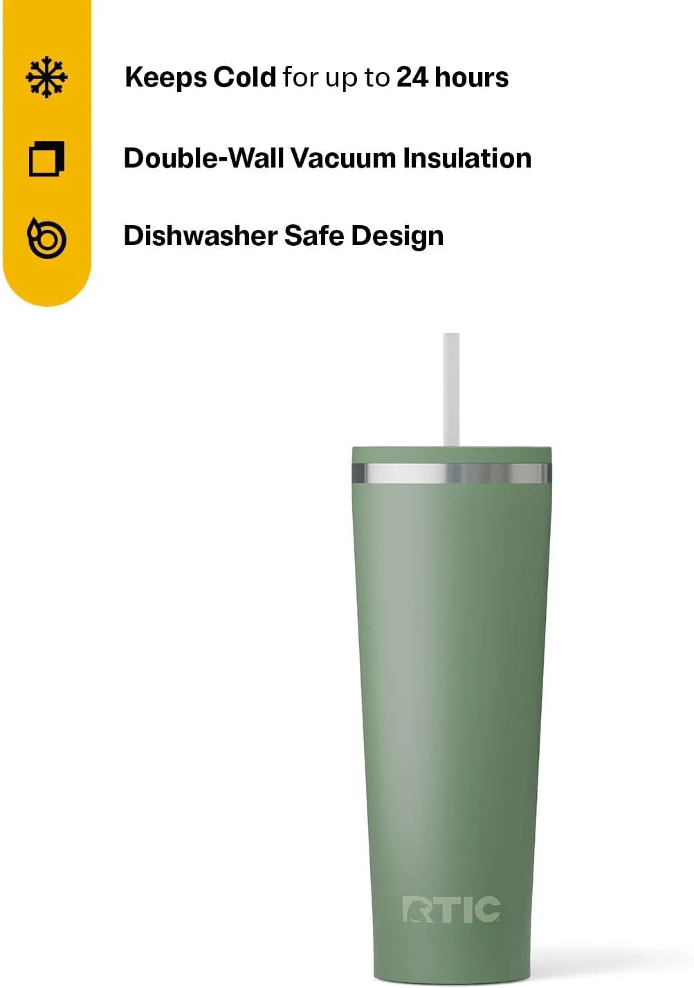 RTIC 28oz Everyday Tumbler Insulated Stainless Steel Portable Travel Coffee Cup with Straw, Spill-Resistant Lid, BPA-Free, Hot and Cold Drink, Ceramic Lining, Sage