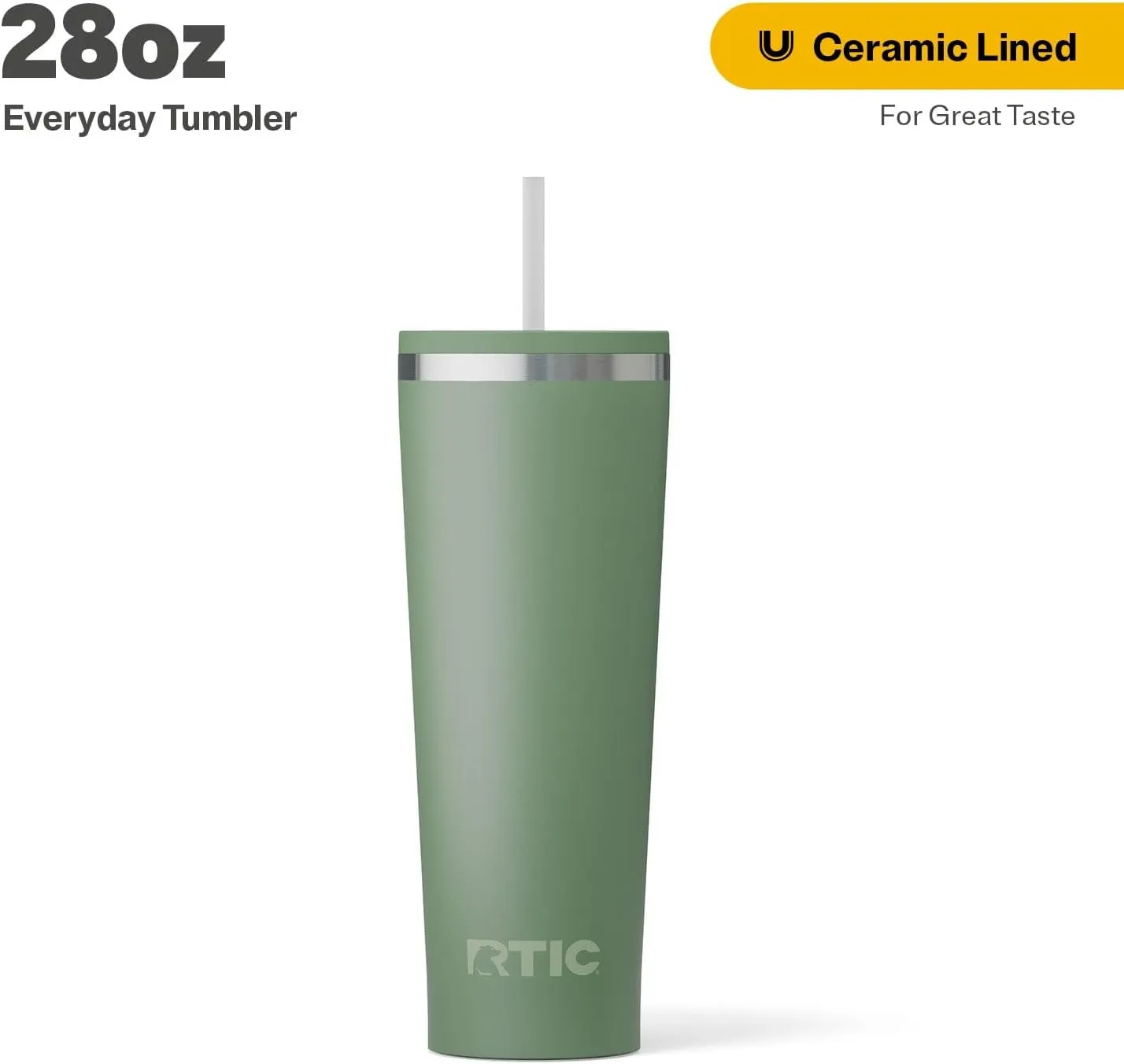 RTIC 28oz Everyday Tumbler Insulated Stainless Steel Portable Travel Coffee Cup with Straw, Spill-Resistant Lid, BPA-Free, Hot and Cold Drink, Ceramic Lining, Sage