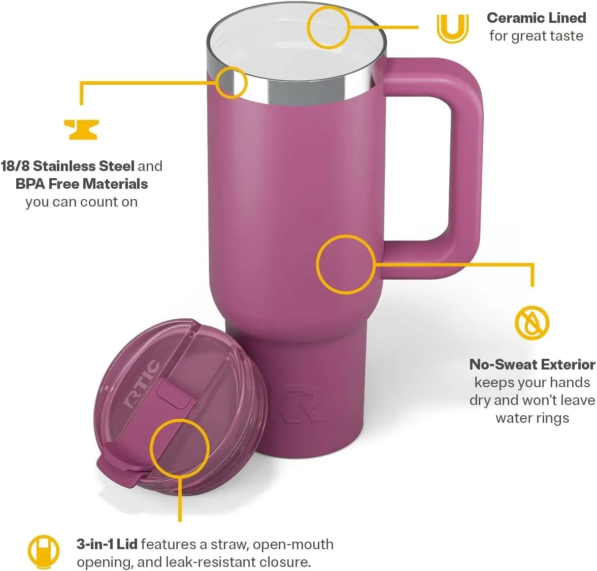 RTIC 30 oz Road Trip Tumbler Double-Walled Insulated Stainless Steel Portable Travel Coffee Mug Cup with Lid, Handle and Straw, Orchid