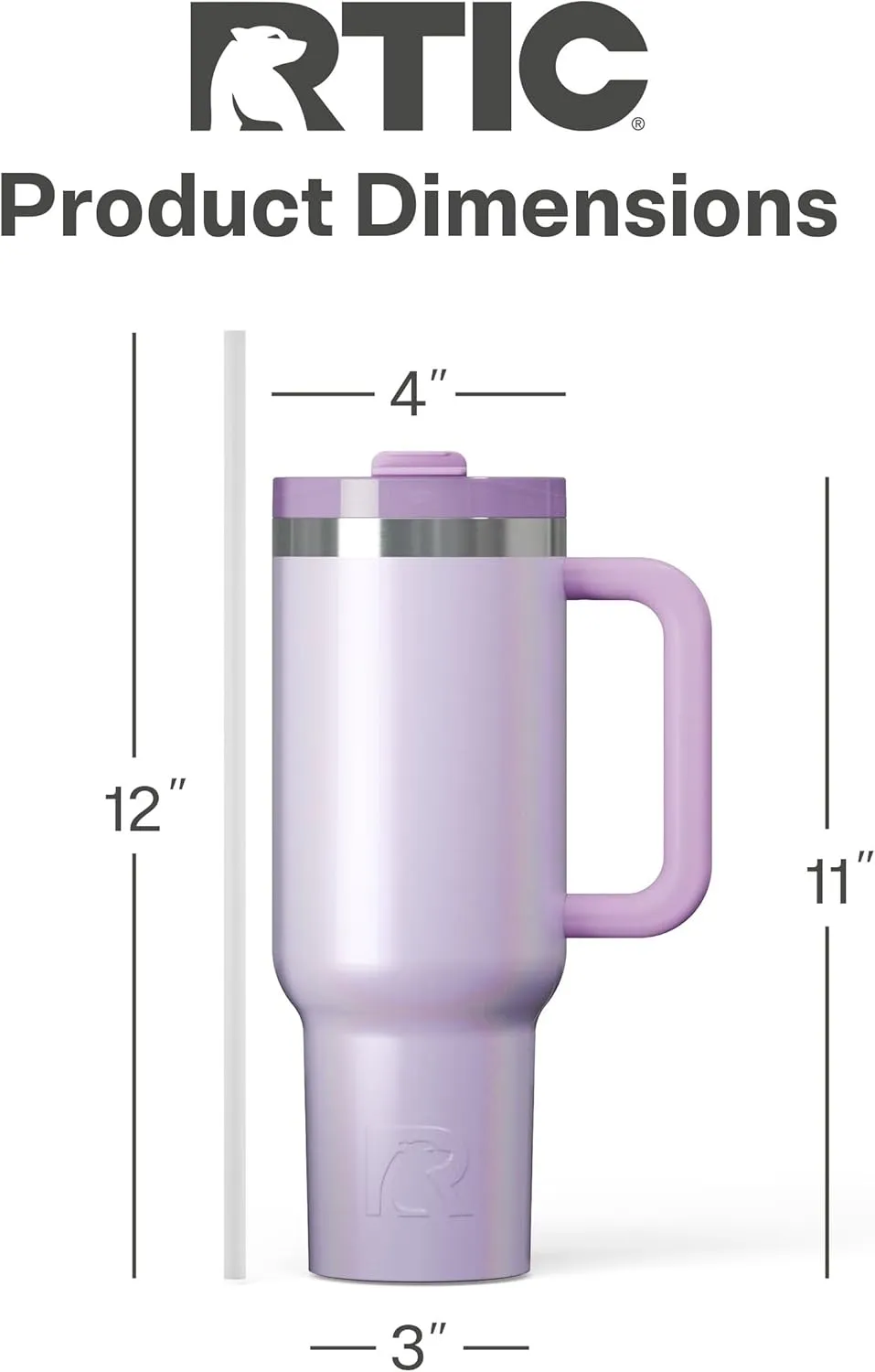 RTIC 40 oz Road Trip Tumbler Double-Walled Insulated Stainless Steel Portable Travel Coffee Mug Cup with Lid, Handle and Straw, Ceramic-Lined, Lavender Glitter