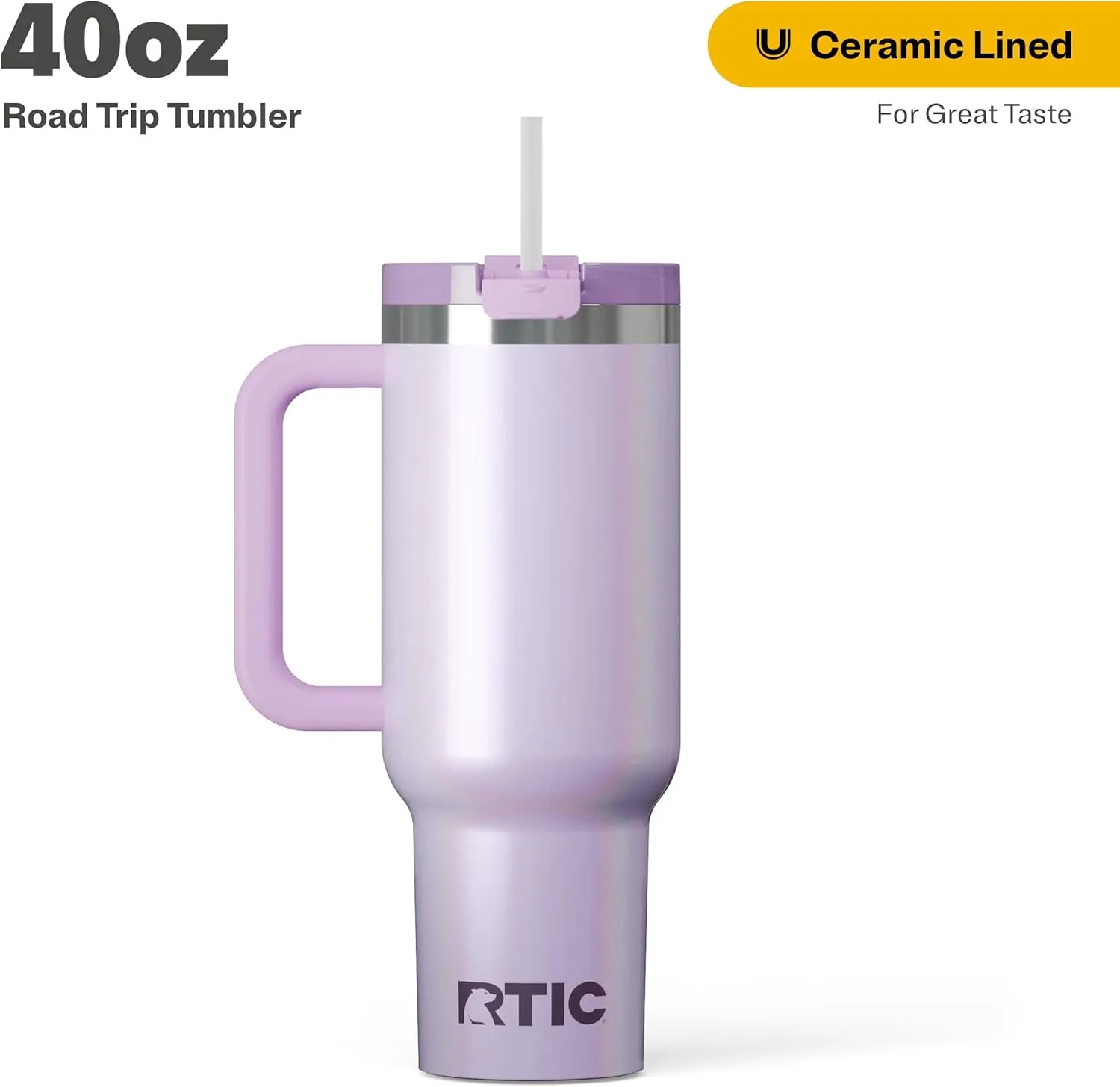 RTIC 40 oz Road Trip Tumbler Double-Walled Insulated Stainless Steel Portable Travel Coffee Mug Cup with Lid, Handle and Straw, Ceramic-Lined, Lavender Glitter