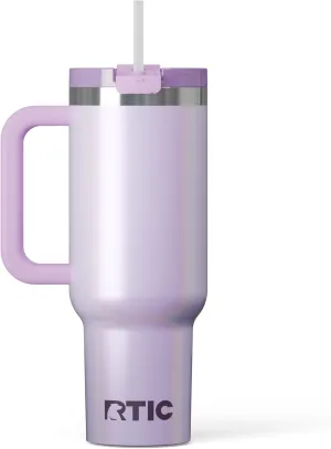 RTIC 40 oz Road Trip Tumbler Double-Walled Insulated Stainless Steel Portable Travel Coffee Mug Cup with Lid, Handle and Straw, Ceramic-Lined, Lavender Glitter