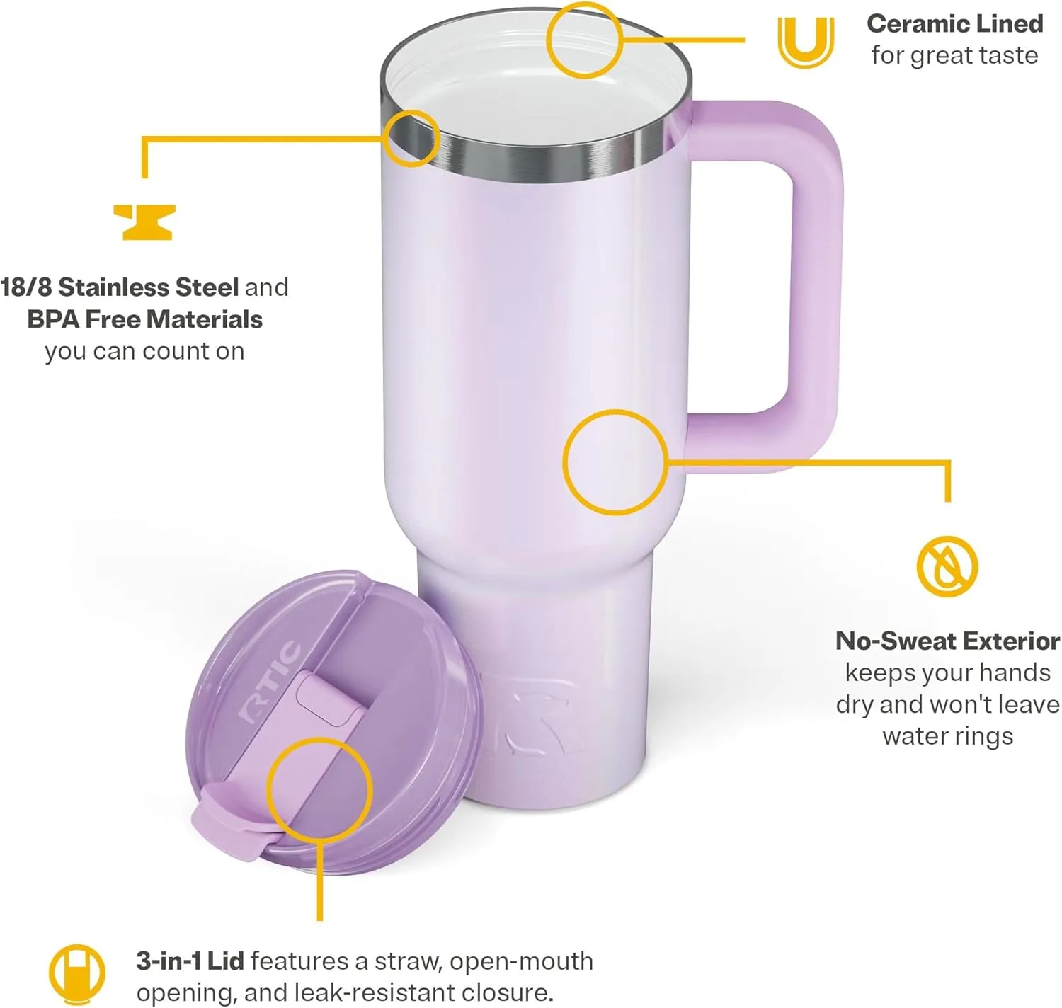 RTIC 40 oz Road Trip Tumbler Double-Walled Insulated Stainless Steel Portable Travel Coffee Mug Cup with Lid, Handle and Straw, Ceramic-Lined, Lavender Glitter