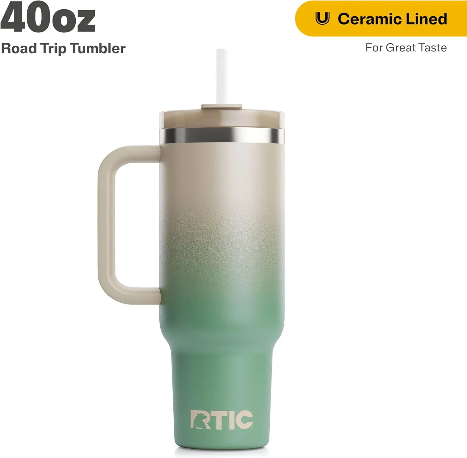 RTIC 40 oz Road Trip Tumbler Double-Walled Insulated Stainless Steel Portable Travel Coffee Mug Cup with Lid, Handle and Straw, Ceramic-Lined, Sage Ombre