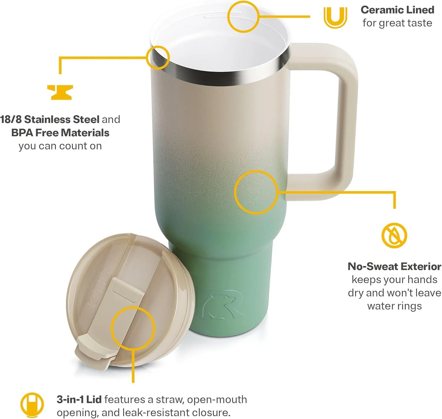 RTIC 40 oz Road Trip Tumbler Double-Walled Insulated Stainless Steel Portable Travel Coffee Mug Cup with Lid, Handle and Straw, Ceramic-Lined, Sage Ombre