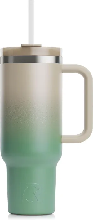 RTIC 40 oz Road Trip Tumbler Double-Walled Insulated Stainless Steel Portable Travel Coffee Mug Cup with Lid, Handle and Straw, Ceramic-Lined, Sage Ombre