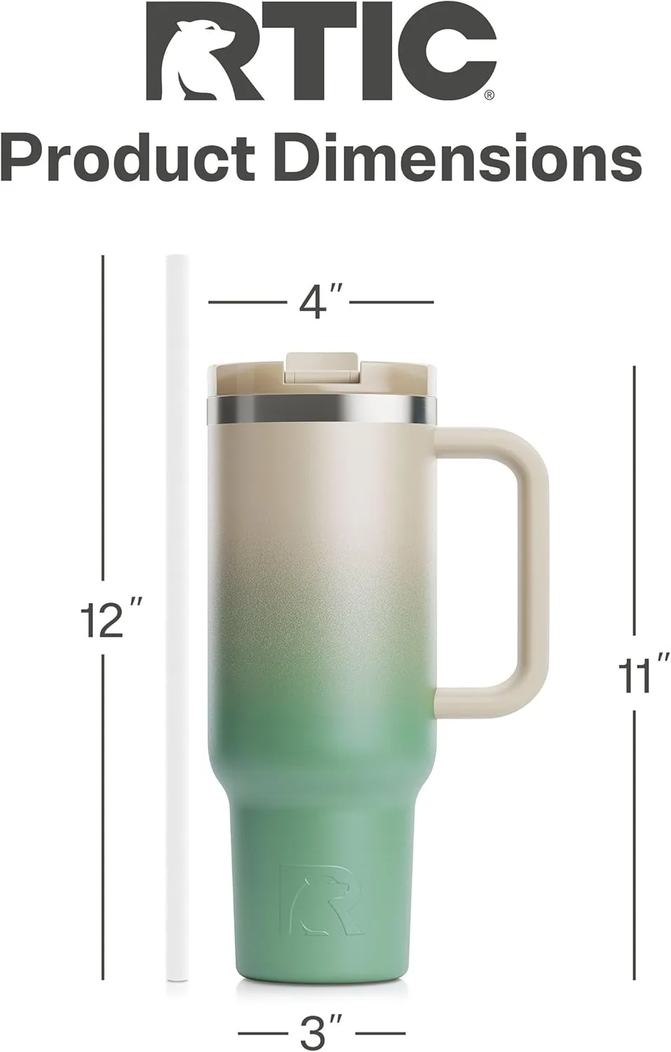 RTIC 40 oz Road Trip Tumbler Double-Walled Insulated Stainless Steel Portable Travel Coffee Mug Cup with Lid, Handle and Straw, Ceramic-Lined, Sage Ombre