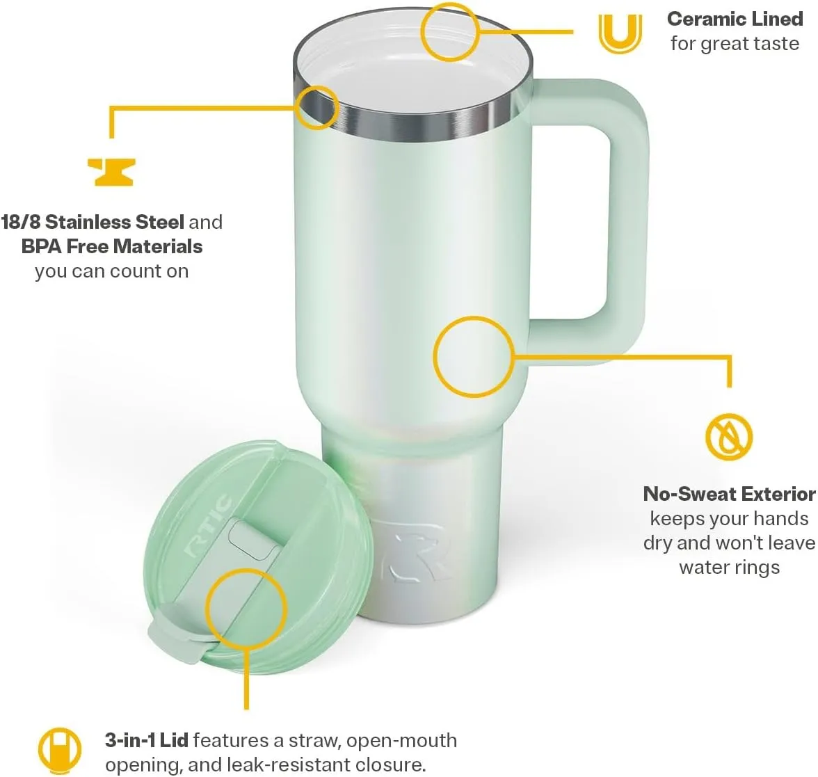 RTIC 40 oz Road Trip Tumbler Double-Walled Insulated Stainless Steel Portable Travel Coffee Mug Cup with Lid, Handle and Straw, Fresh Mint Glitter