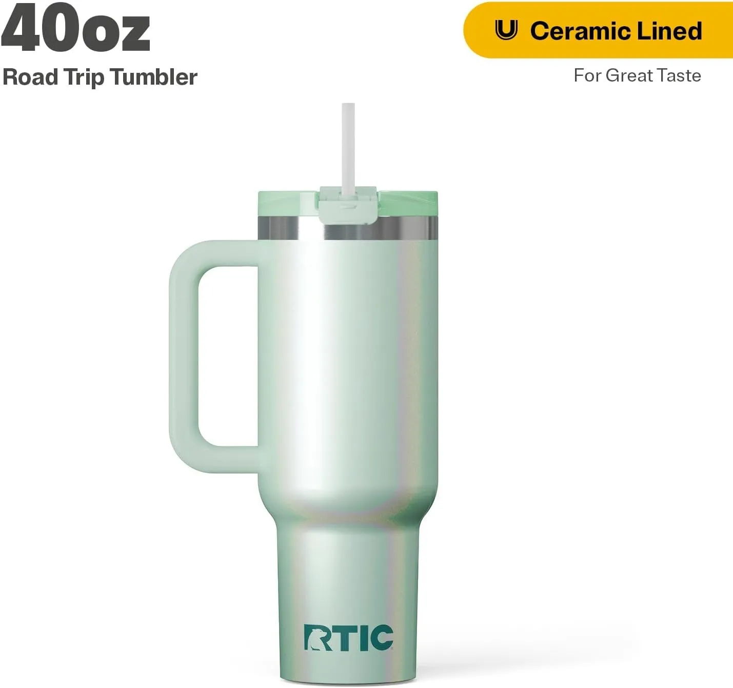 RTIC 40 oz Road Trip Tumbler Double-Walled Insulated Stainless Steel Portable Travel Coffee Mug Cup with Lid, Handle and Straw, Fresh Mint Glitter