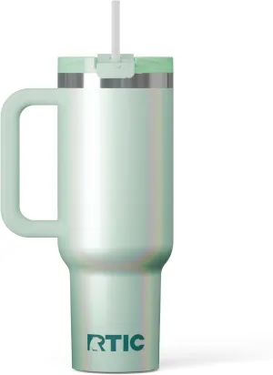 RTIC 40 oz Road Trip Tumbler Double-Walled Insulated Stainless Steel Portable Travel Coffee Mug Cup with Lid, Handle and Straw, Fresh Mint Glitter