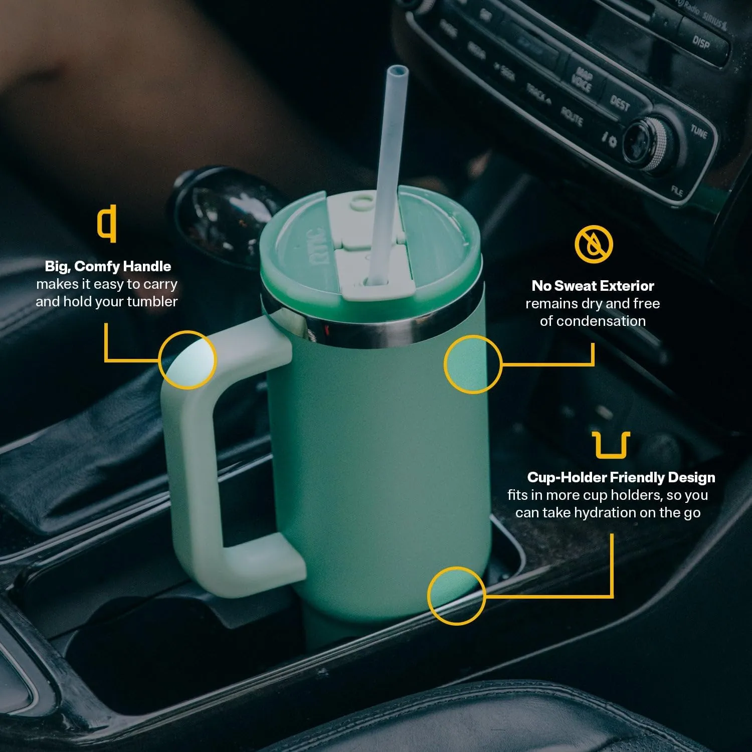 RTIC 40 oz Road Trip Tumbler Double-Walled Insulated Stainless Steel Portable Travel Coffee Mug Cup with Lid, Handle and Straw, Fresh Mint Glitter