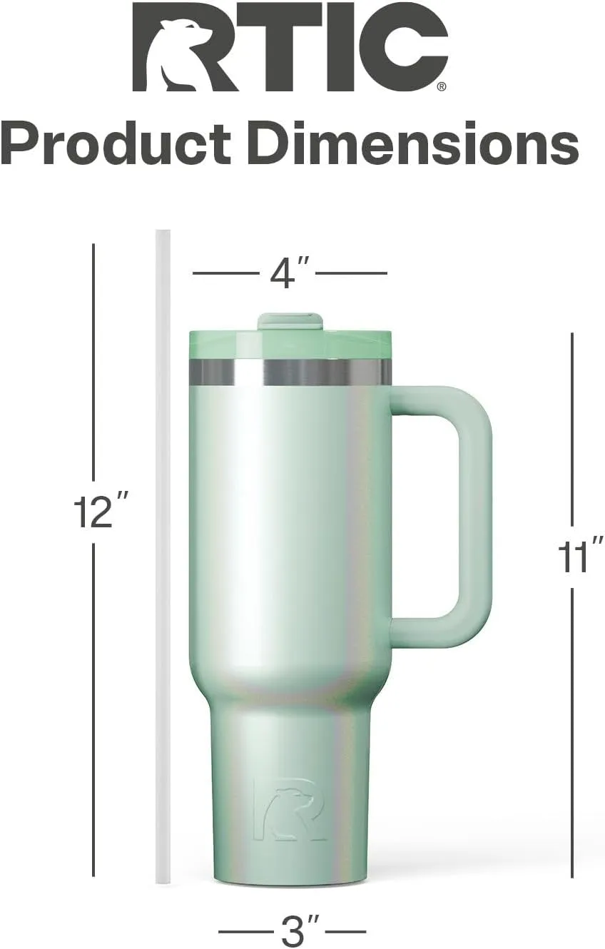 RTIC 40 oz Road Trip Tumbler Double-Walled Insulated Stainless Steel Portable Travel Coffee Mug Cup with Lid, Handle and Straw, Fresh Mint Glitter