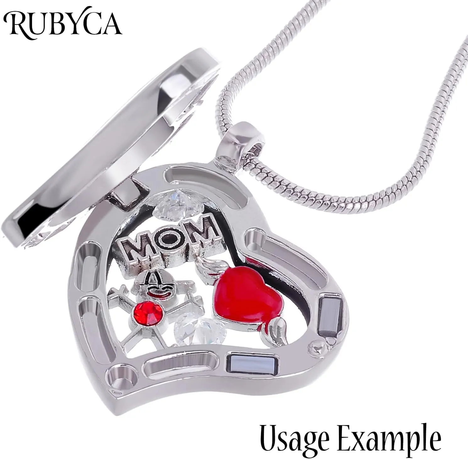 RUBYCA Living Memory Floating Charm Heart Glass Locket Pendant Necklace 20 Inches 5pcs Silver Color