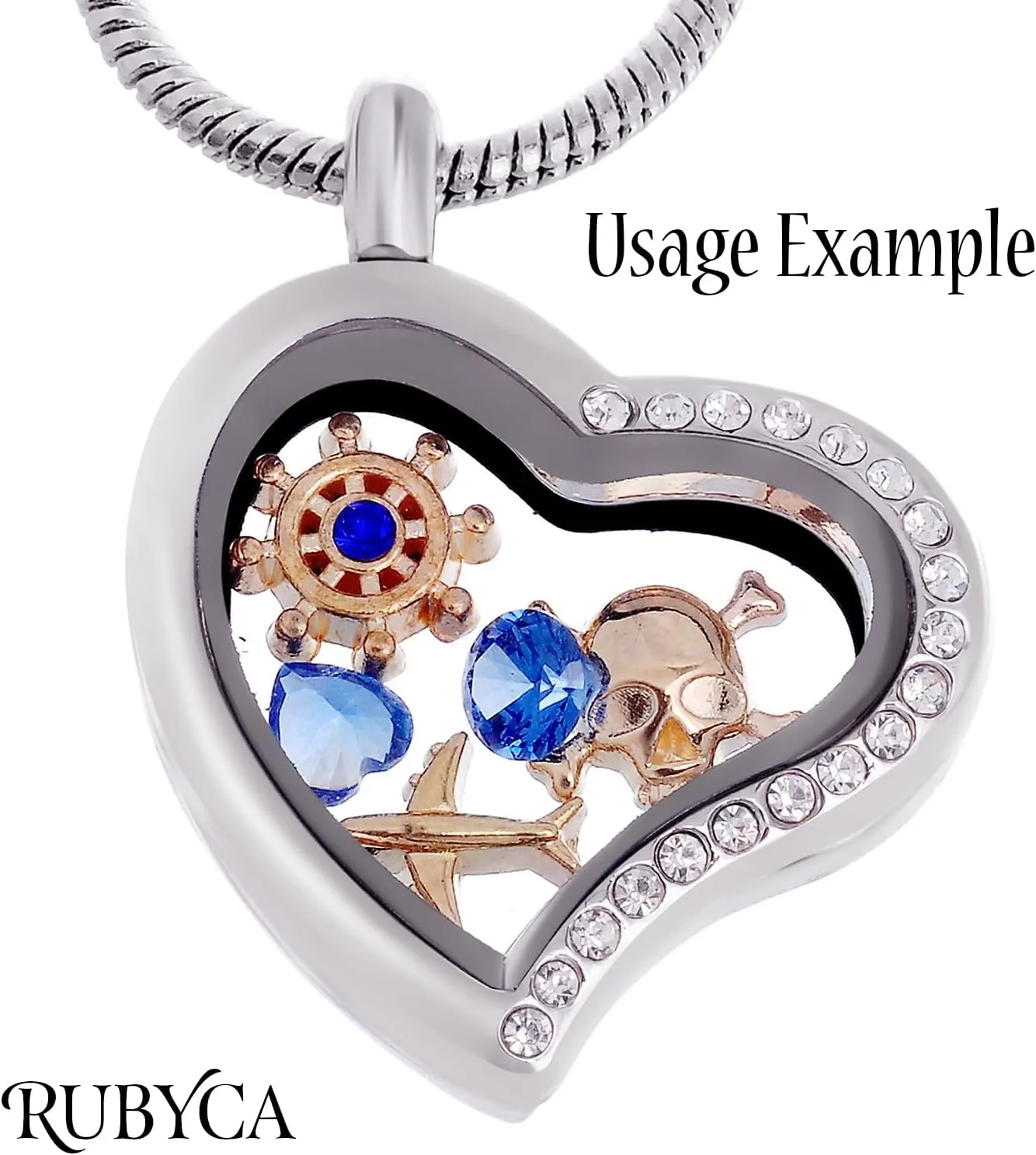 RUBYCA Living Memory Floating Charm Heart Glass Locket Pendant Necklace 20 Inches 5pcs Silver Color